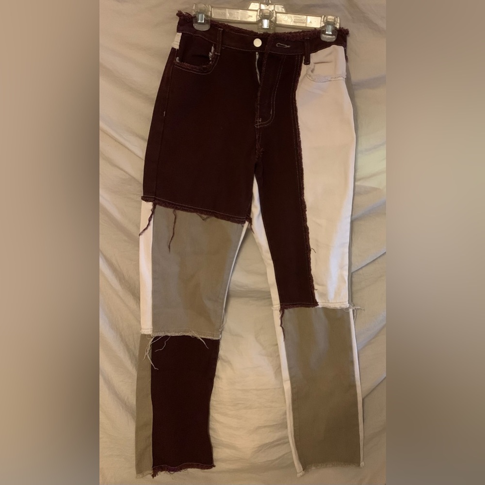 Pastel Brown Patchwork Denim Patch Flare Jean Str… - image 4